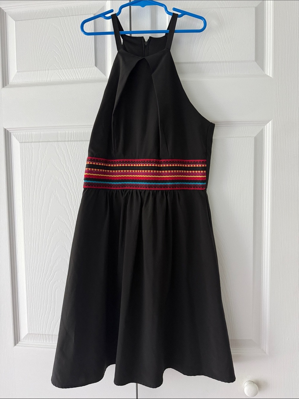 B. Smart Black Halter Dress with Multicolor Waistband